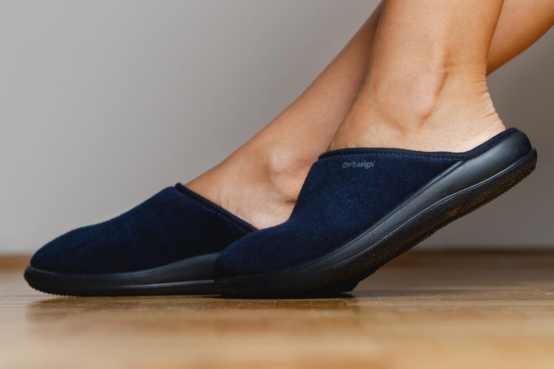 DrLuigi cotton medical footwear shown on light wood floor for year-round summer use indoors