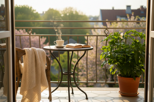 Peaceful spring balcony morning with coffee and plants representing relaxed outdoor comfort