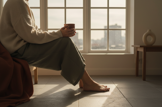 Person in quiet morning moment with coffee reflecting on self-care and daily comfort