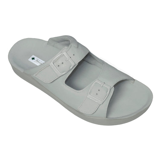 DrLuigi® Orthopädische Pantoletten für Damen mit 2 Riemen aus Leder – Bequeme medizinische Schuhe aus silbernem Leder