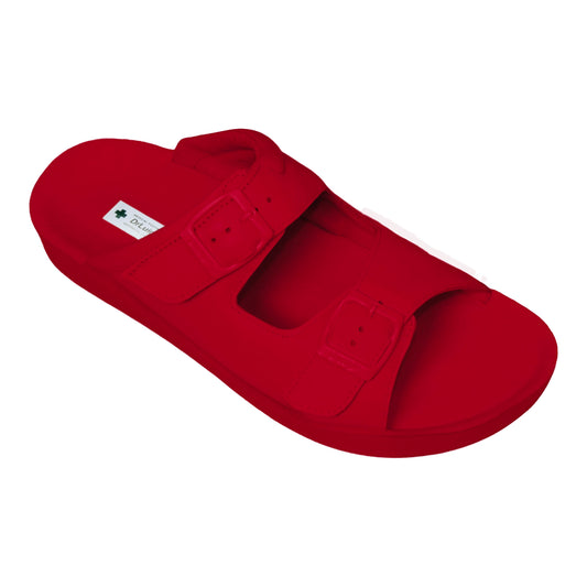 DrLuigi® Orthopädische 2-Riemen Leder Pantoletten für Damen - Bequeme medizinische Fußbekleidung Rotes Leder
