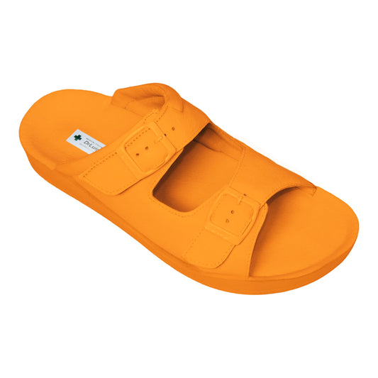DrLuigi® Orthopädische 2-Riemen-Leder-Pantoletten für Damen – Bequeme medizinische Schuhe aus orangefarbenem Leder