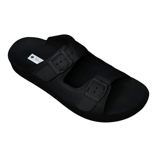 DrLuigi® Orthopädische 2-Riemen Leder-Pantoletten für Damen – Bequeme medizinische Fußbekleidung aus schwarzem Leder