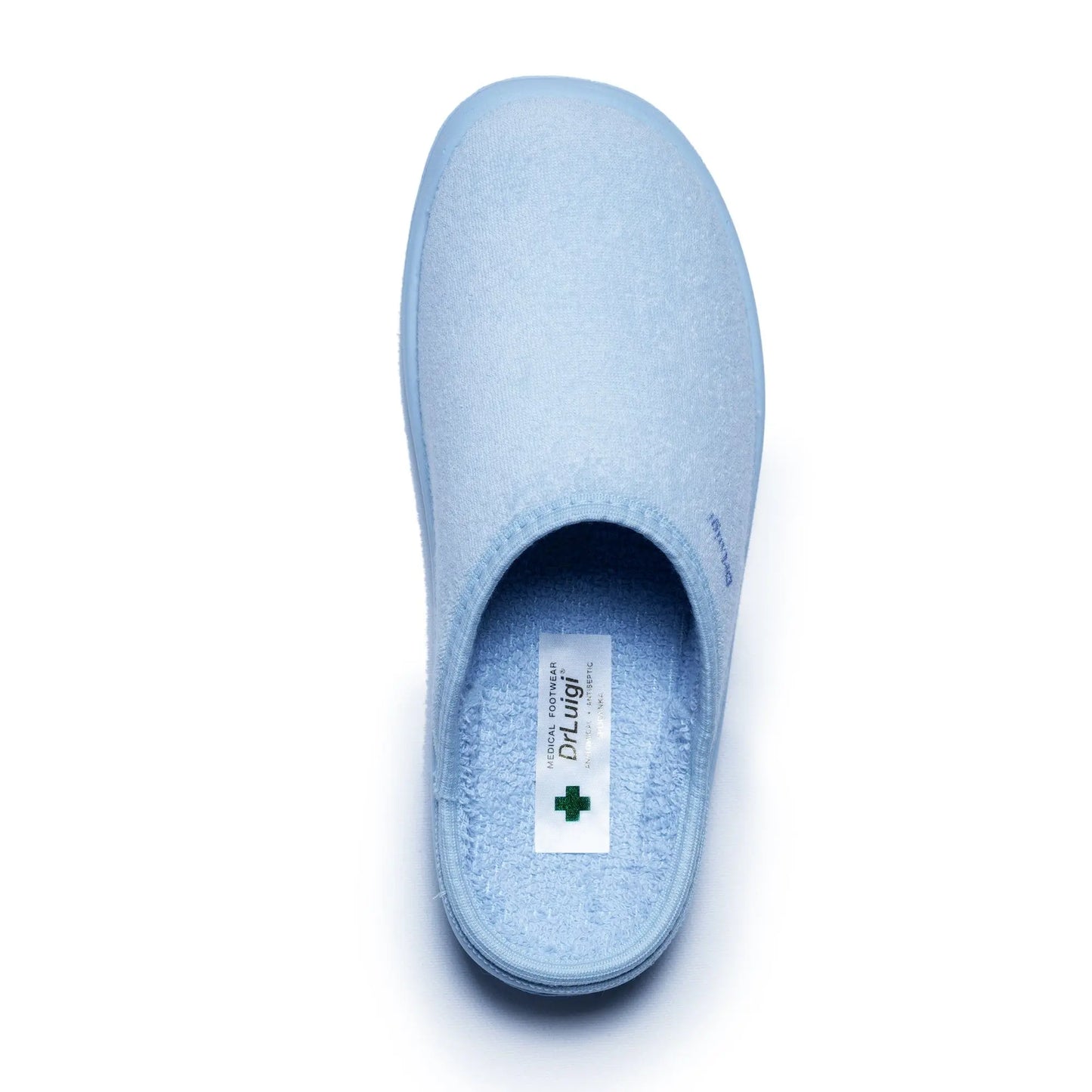 DrLuigi® baby blue cotton medical slippers, insole view with Medical Footwear label