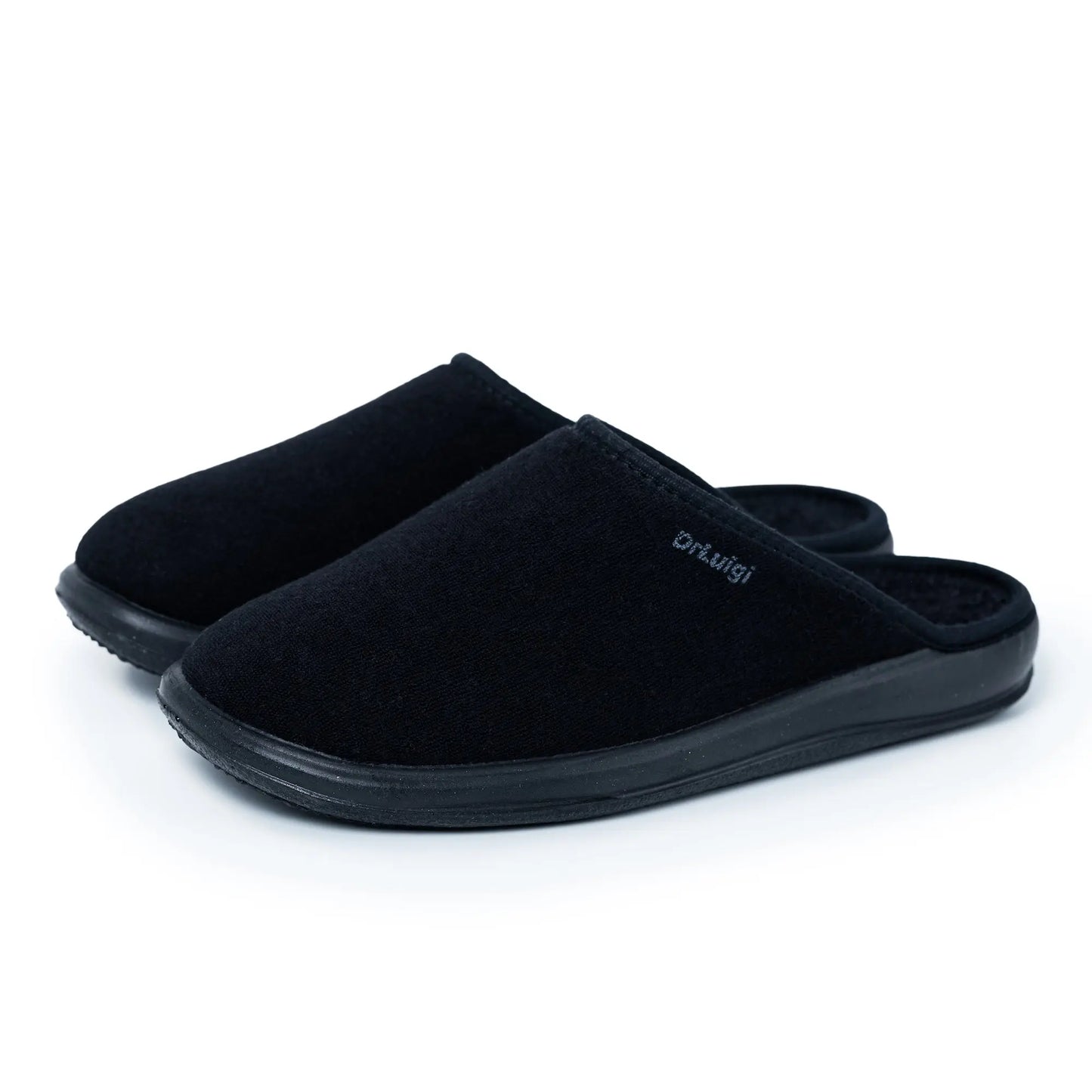 DrLuigi® black cotton medical slippers back view, structured heel support