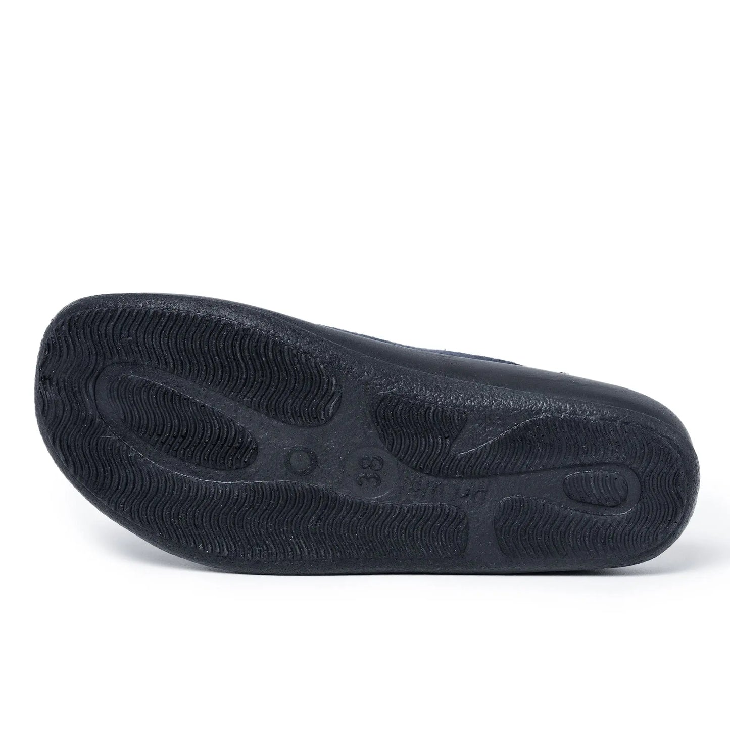 DrLuigi® black cotton medical slippers, insole view with Medical Footwear label
