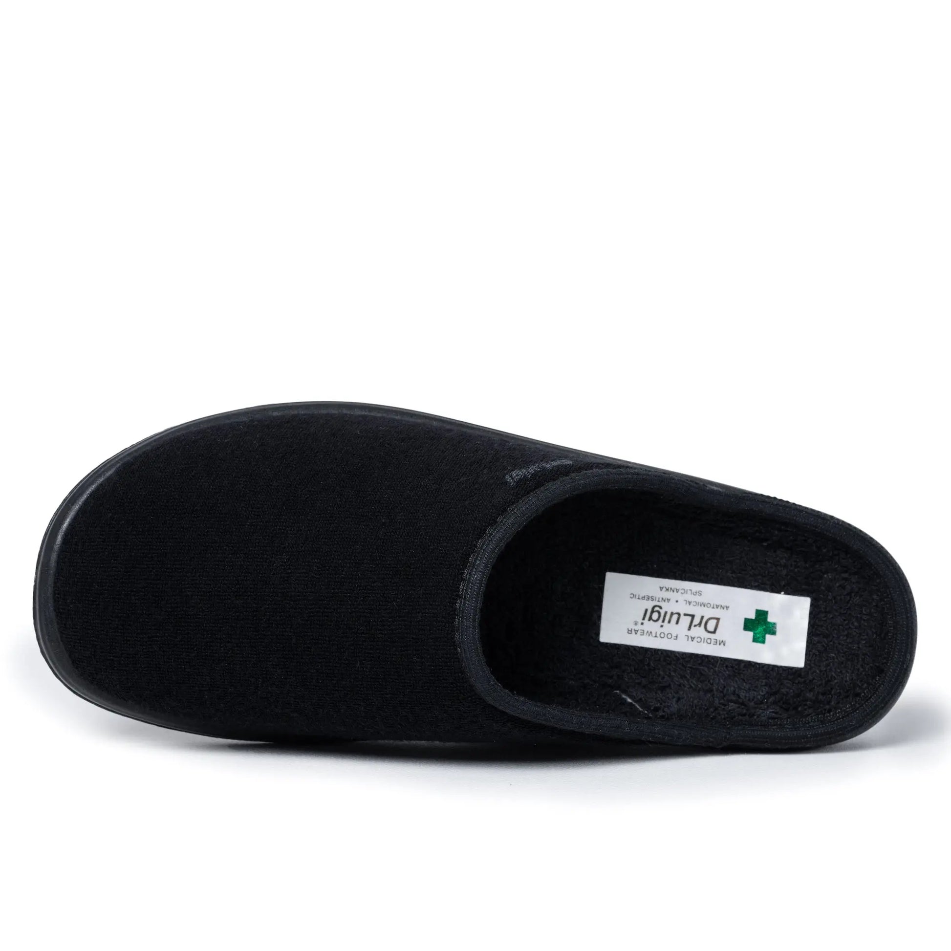 Pair of DrLuigi® black cotton medical slippers for men, angled view