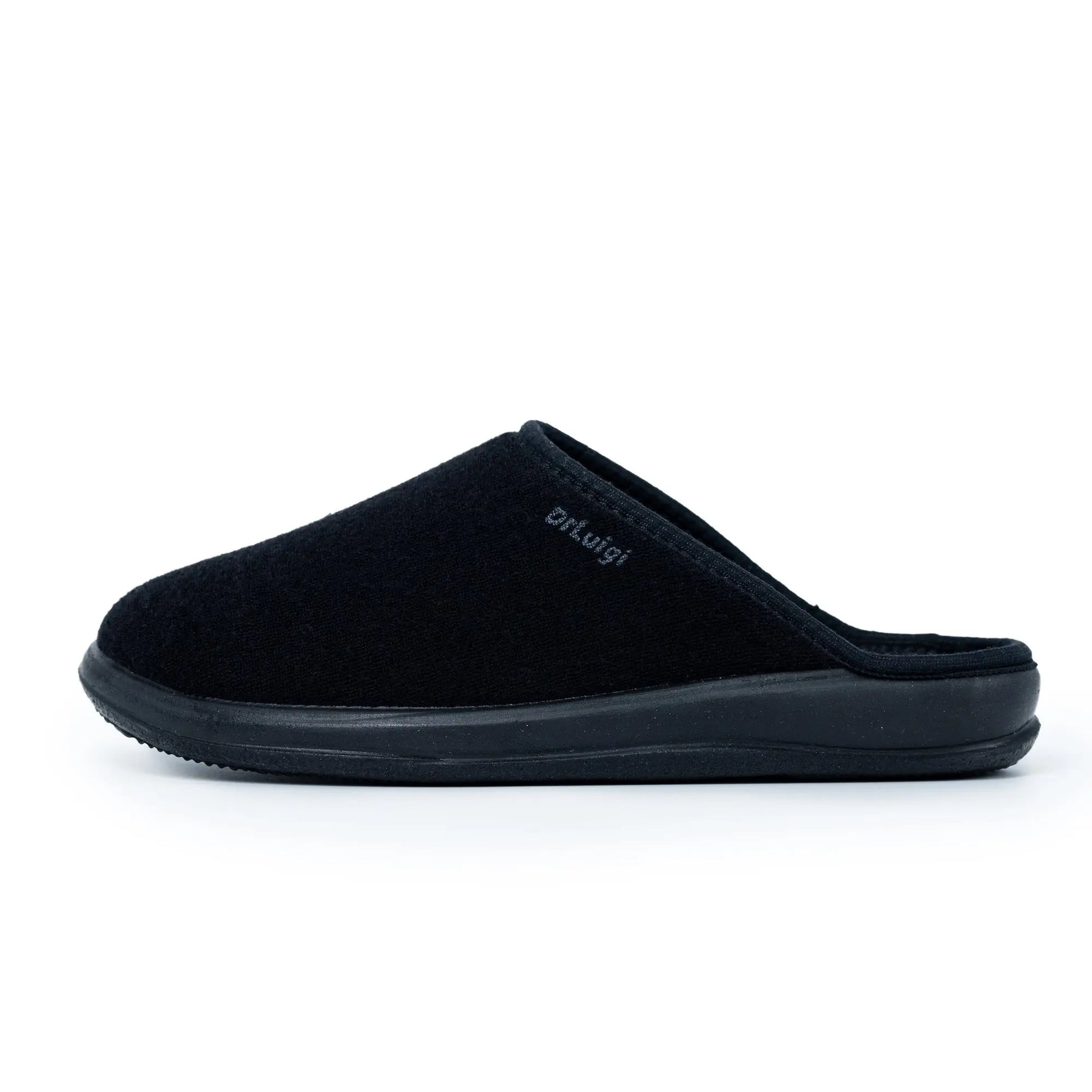 DrLuigi® black cotton medical slippers side profile, structured heel cup