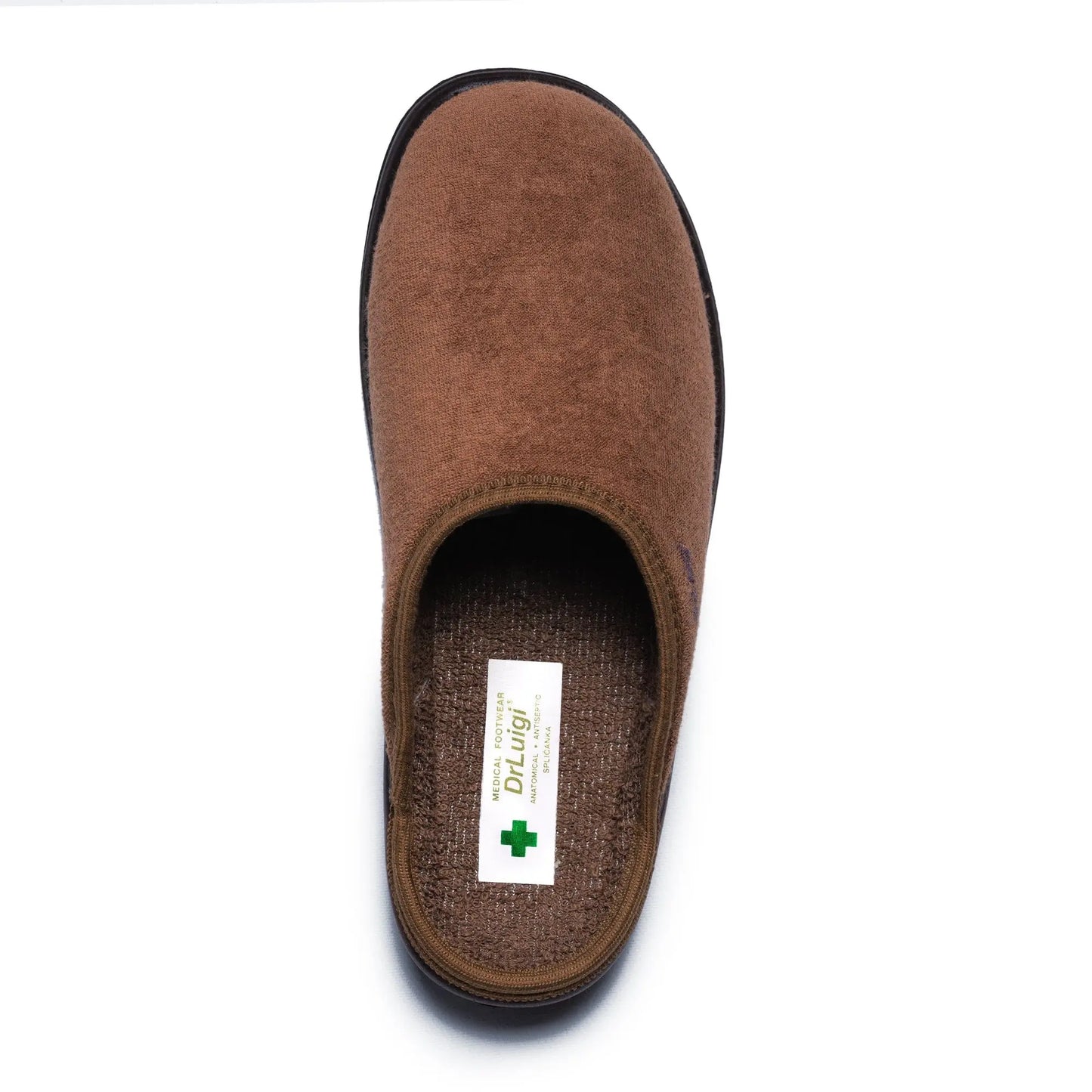 DrLuigi® brown cotton medical slippers, insole view with Medical Footwear label