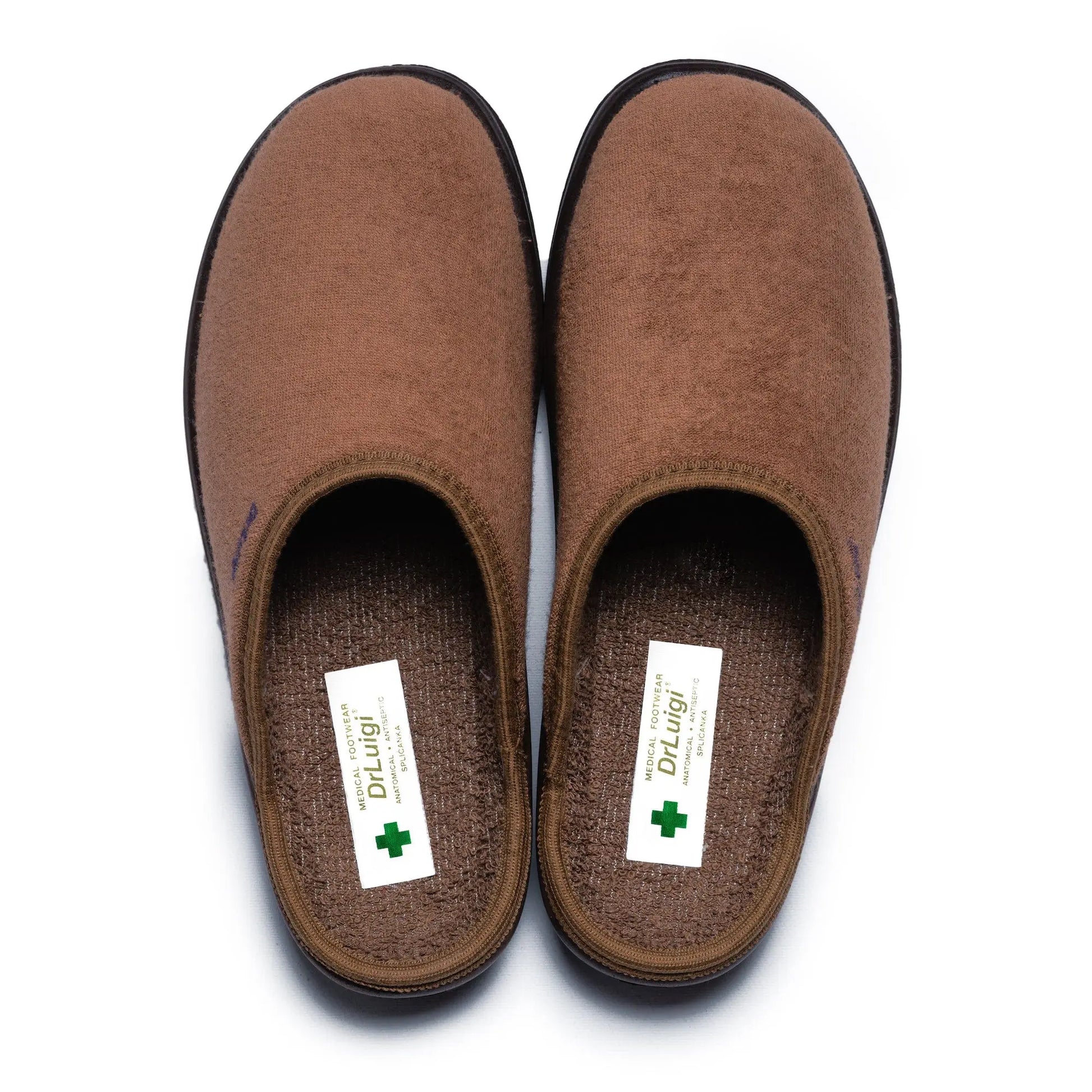 Pair of DrLuigi® brown cotton medical slippers, top view with Medical Footwear insole label