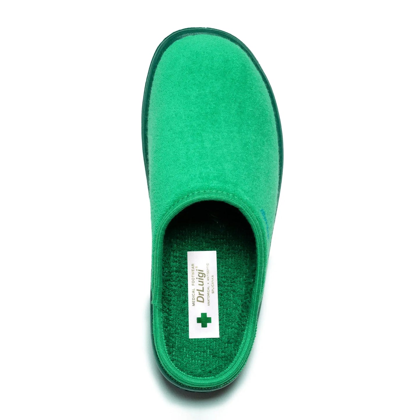 DrLuigi® green cotton medical slippers, insole view with Medical Footwear label
