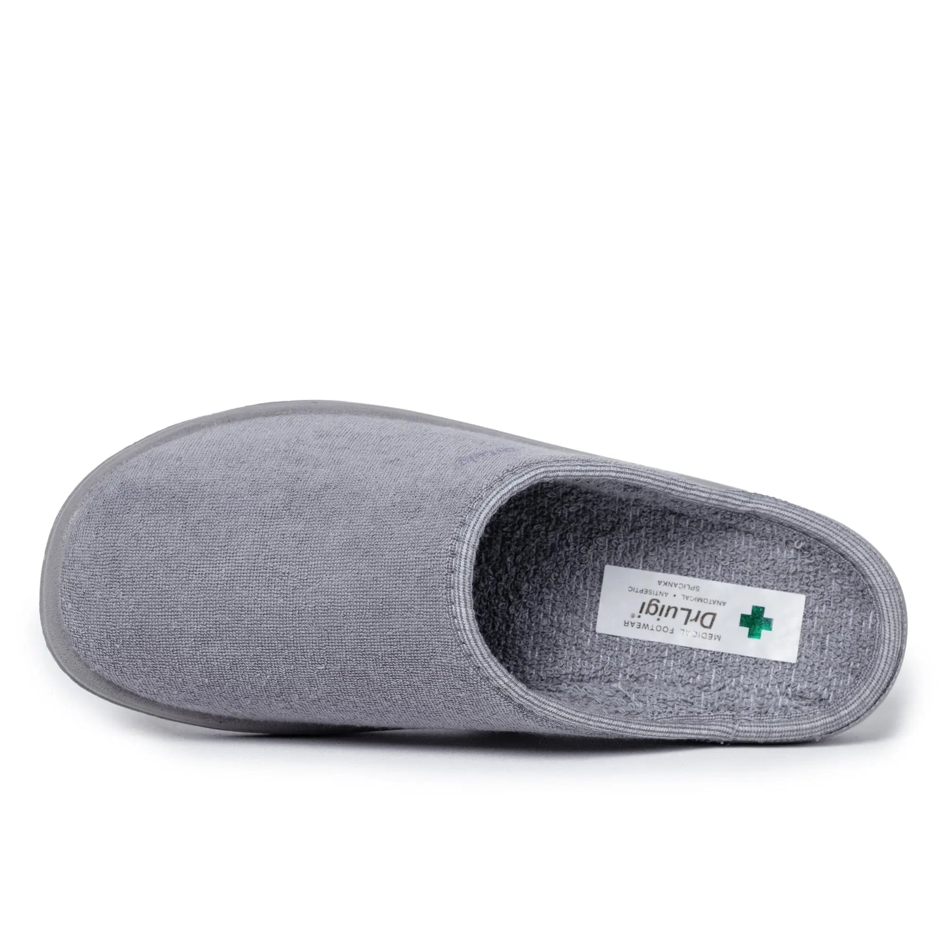 DrLuigi® grey cotton medical slippers, insole view with Medical Footwear label