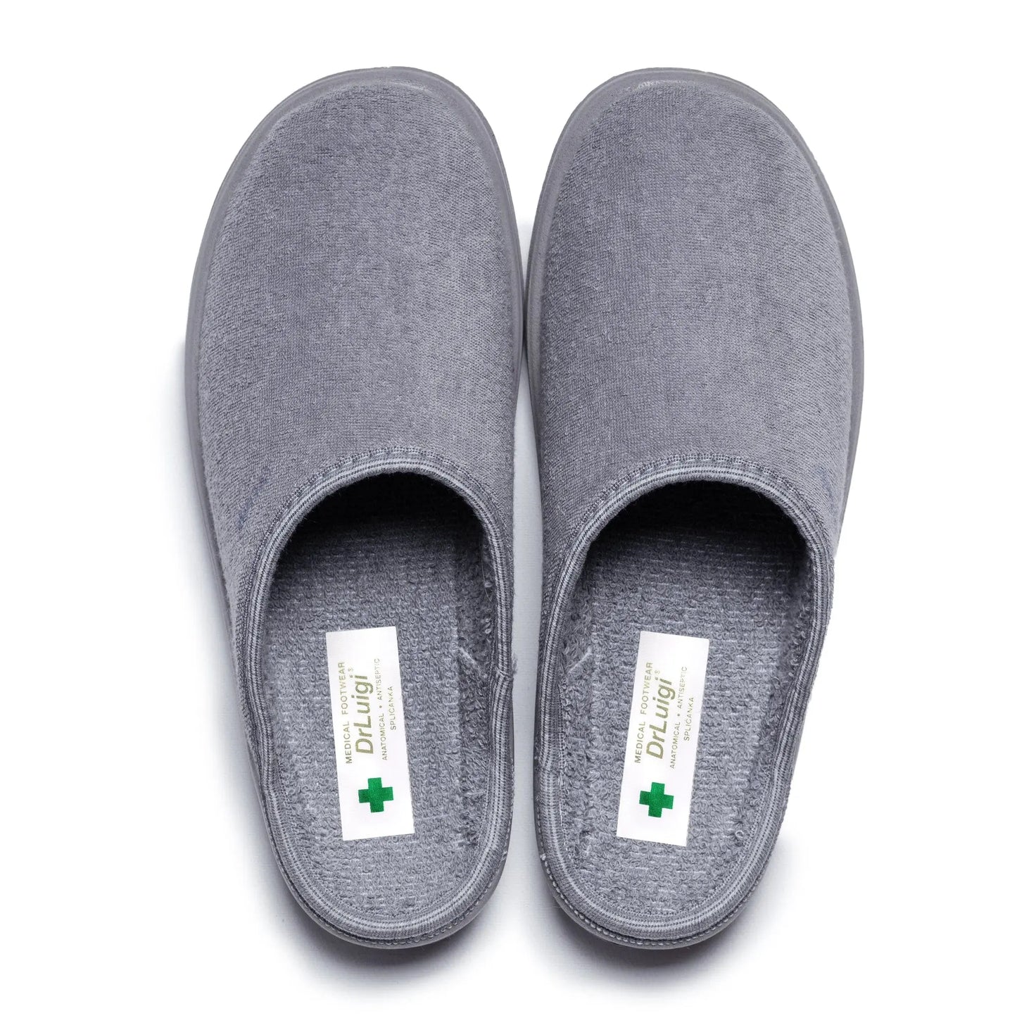 Pair of DrLuigi® grey cotton medical slippers for men, angled view