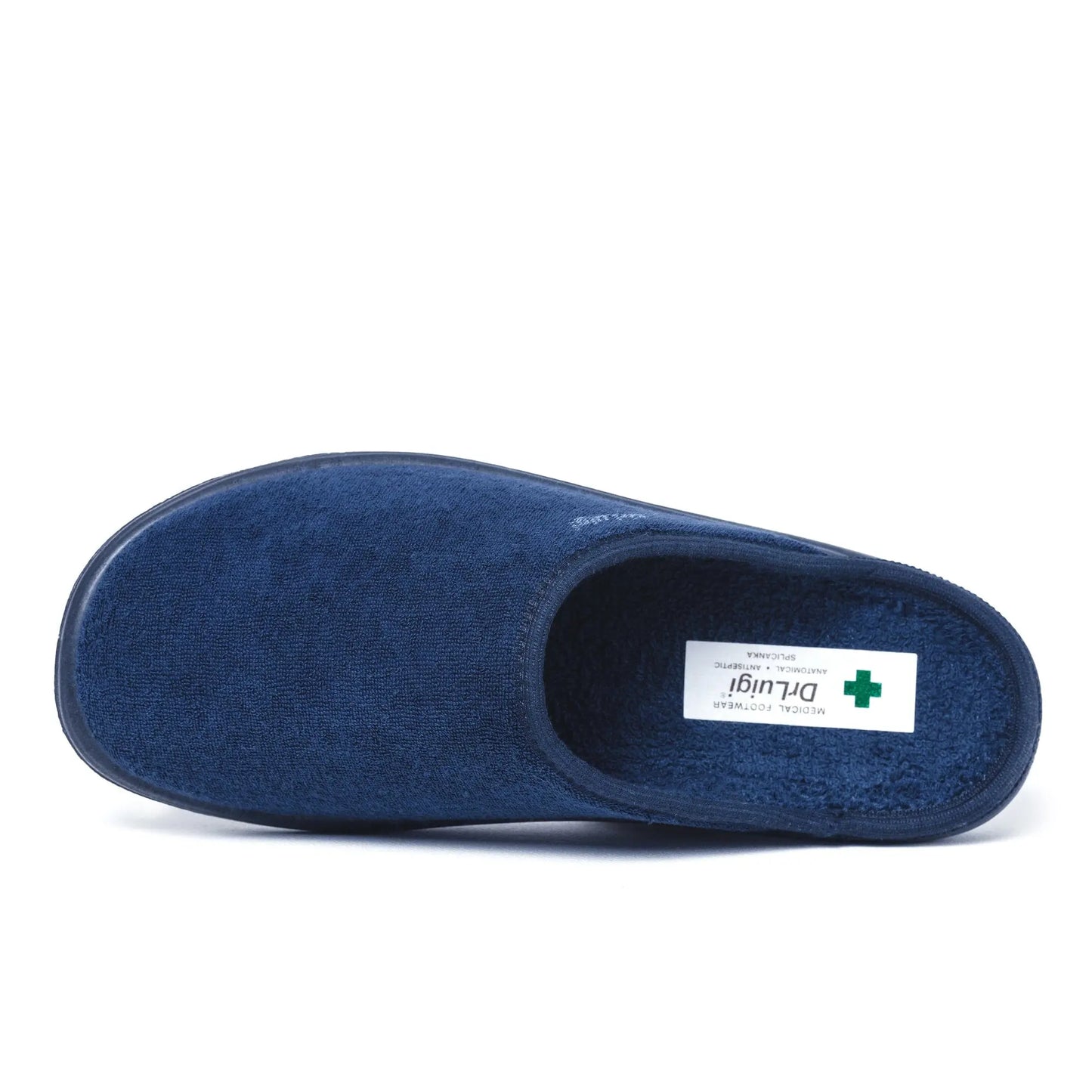 DrLuigi® navy blue cotton medical slippers, top view showing open-back design
