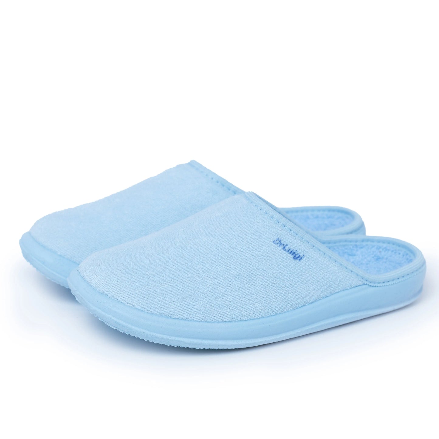 Pair of DrLuigi® baby blue cotton medical slippers for women, angled view