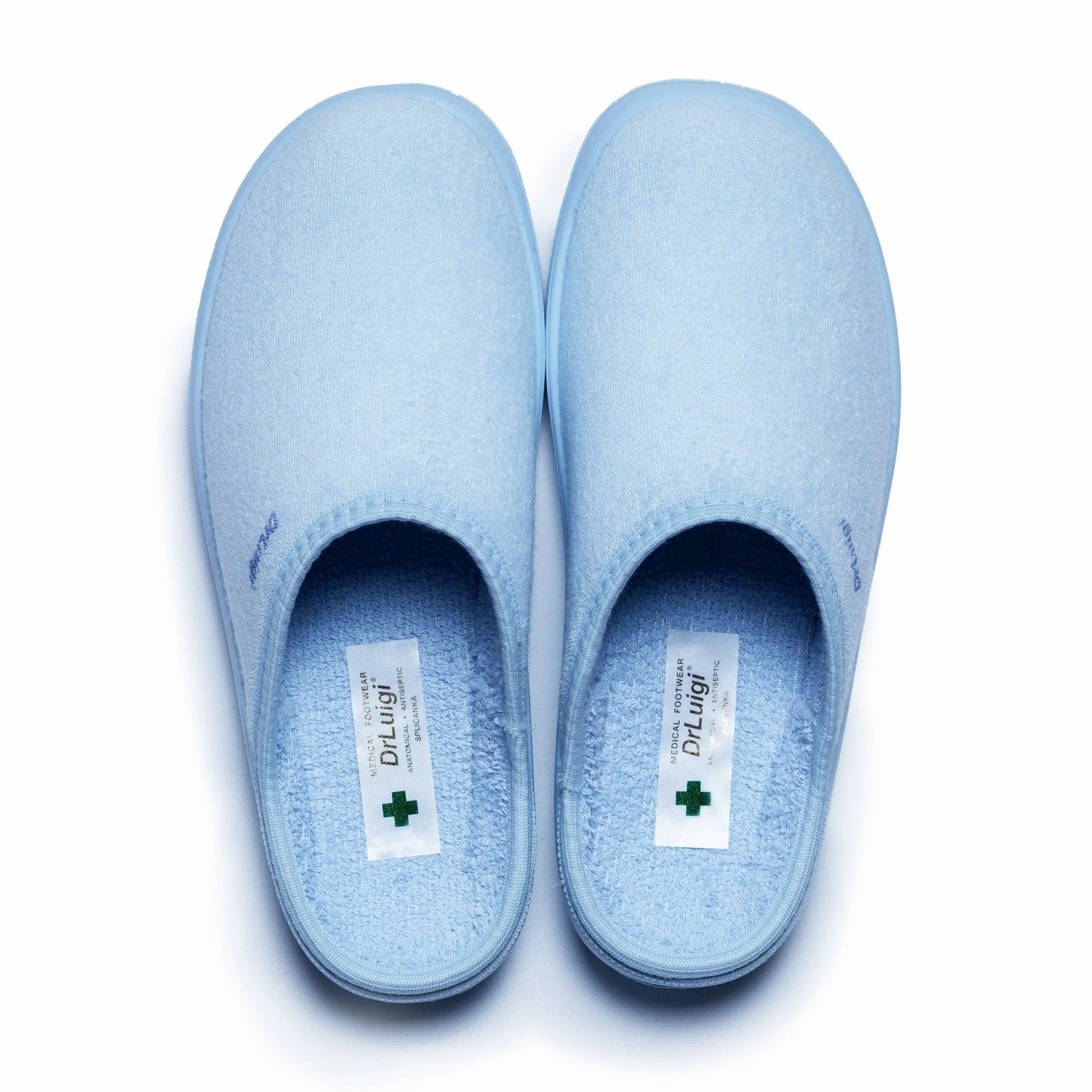Pair of DrLuigi® baby blue cotton medical slippers, top view with Medical Footwear insole label