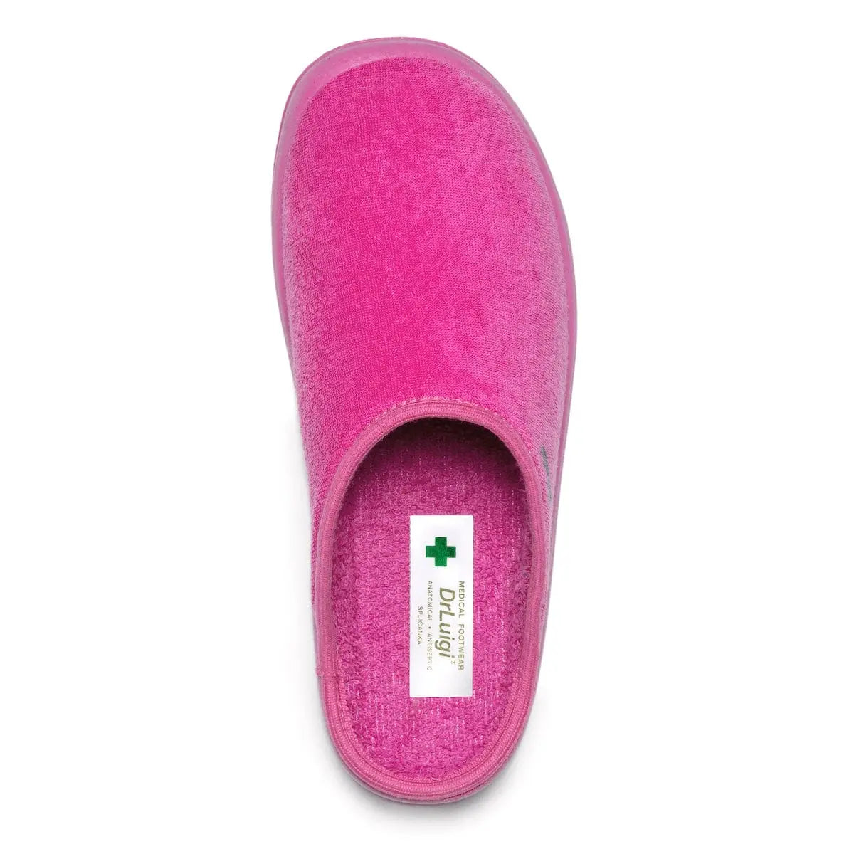 DrLuigi® fuchsia cotton medical slippers, insole view with Medical Footwear label