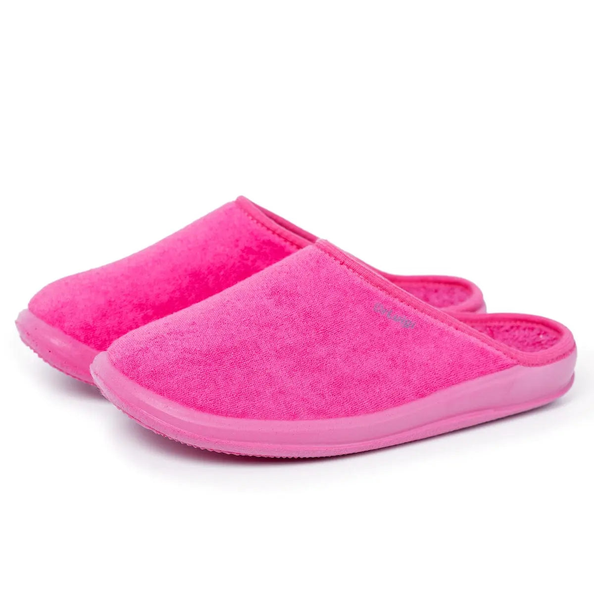 Pair of DrLuigi® fuchsia cotton medical slippers for women, angled view