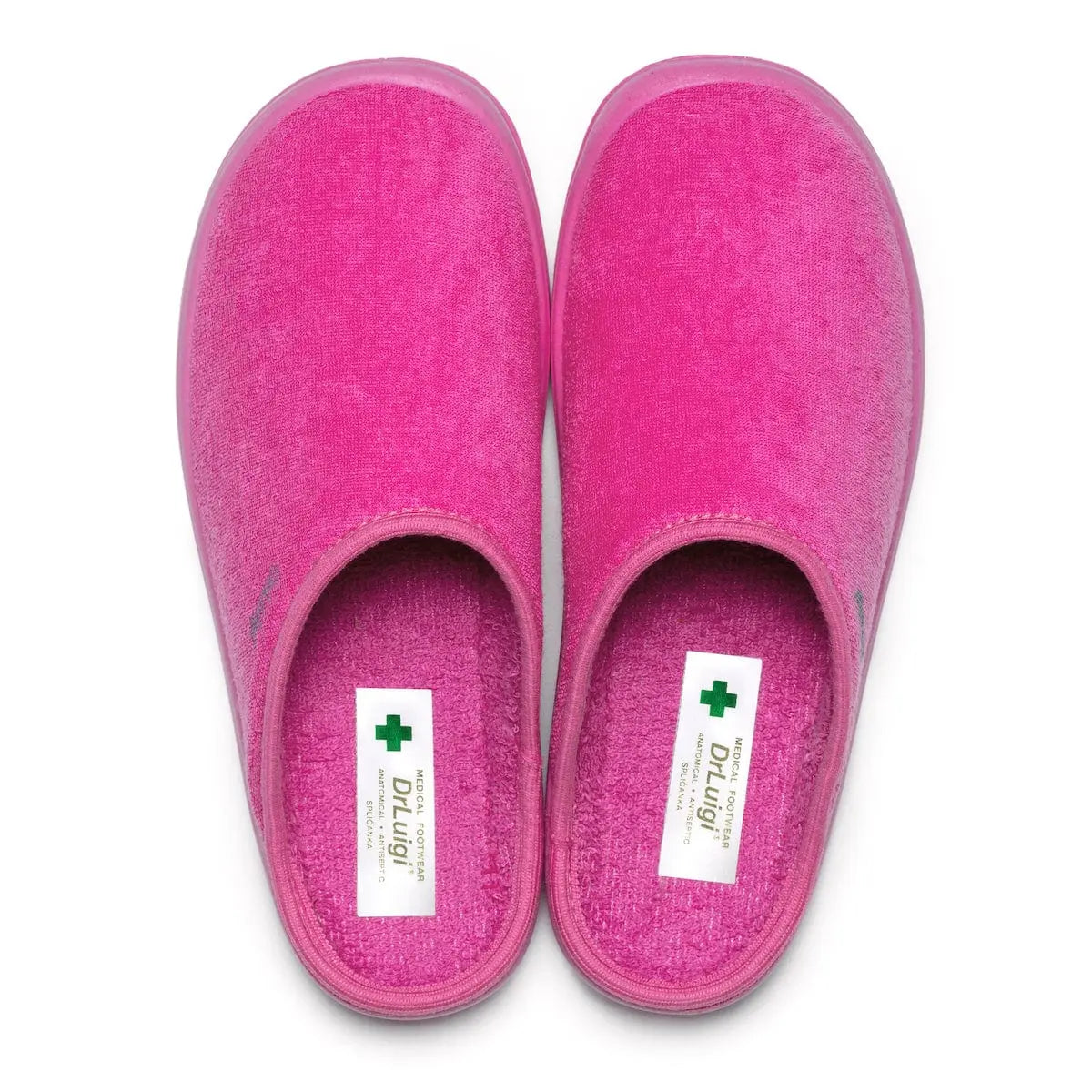 Pair of DrLuigi® fuchsia cotton medical slippers, top view with Medical Footwear insole label