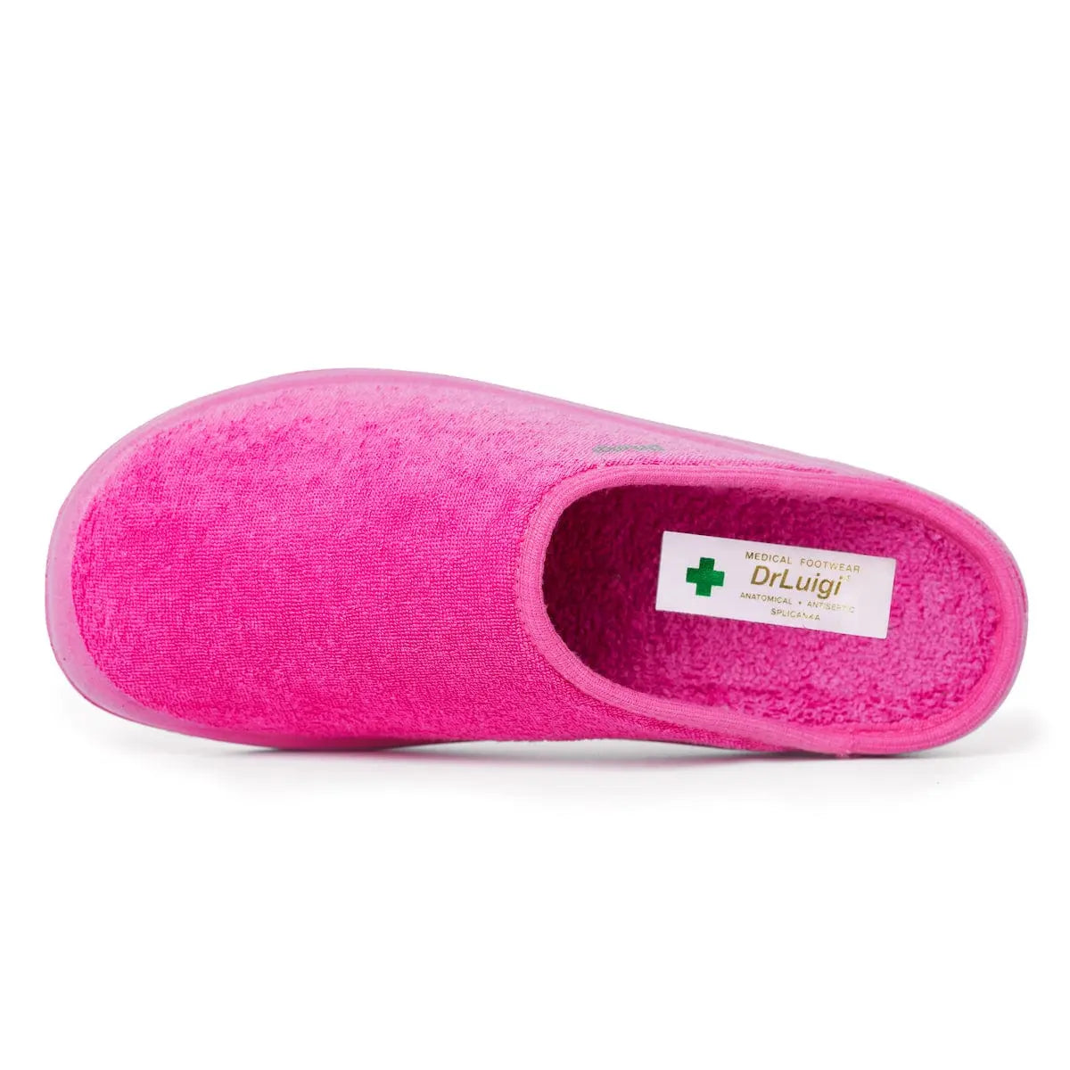 DrLuigi® fuchsia cotton medical slippers, top view showing open-back design