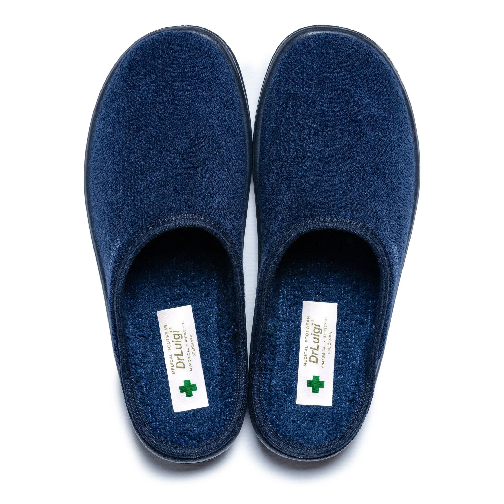 Pair of DrLuigi® navy blue cotton medical slippers, top view with Medical Footwear insole label