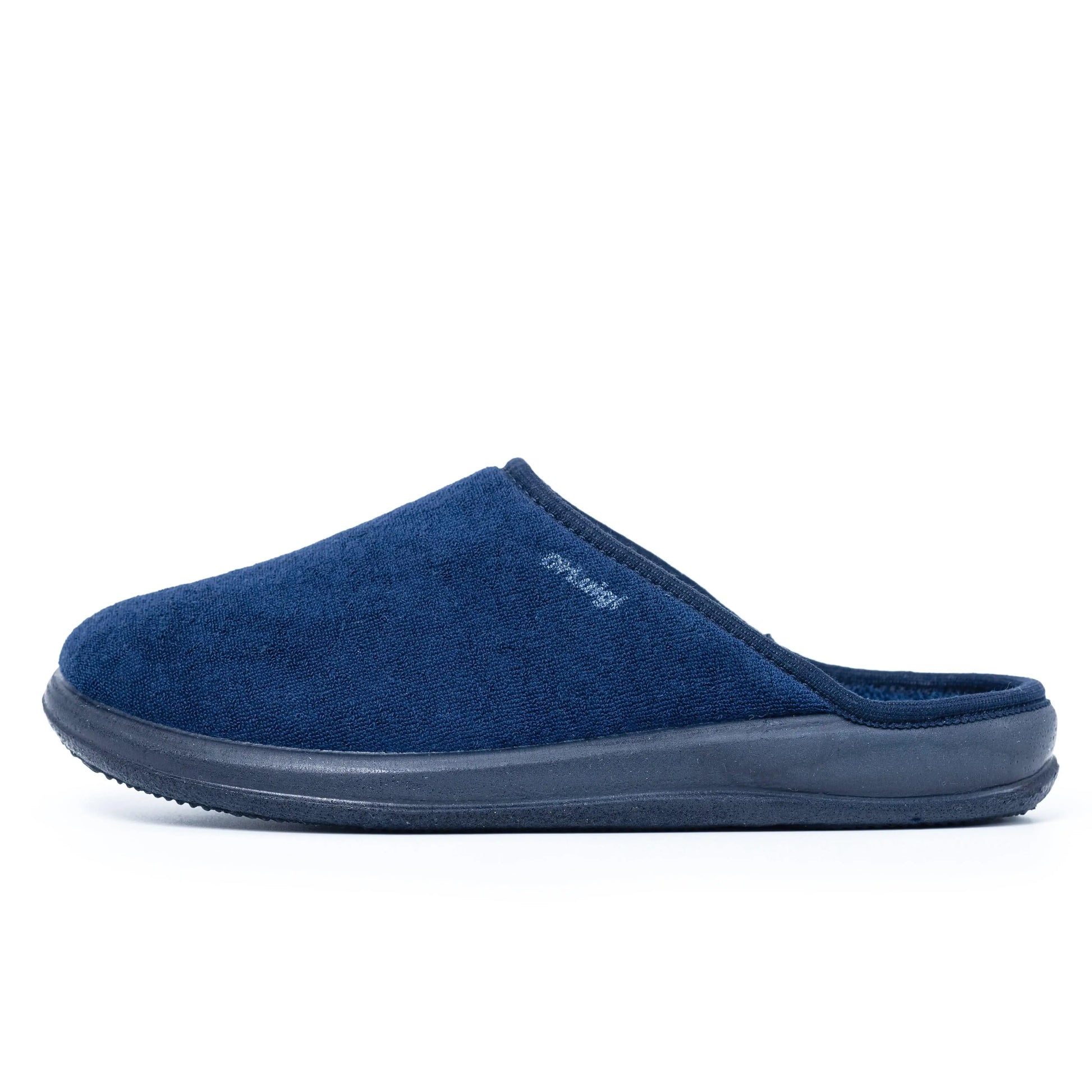 DrLuigi® navy blue cotton medical slippers side profile, structured heel cup