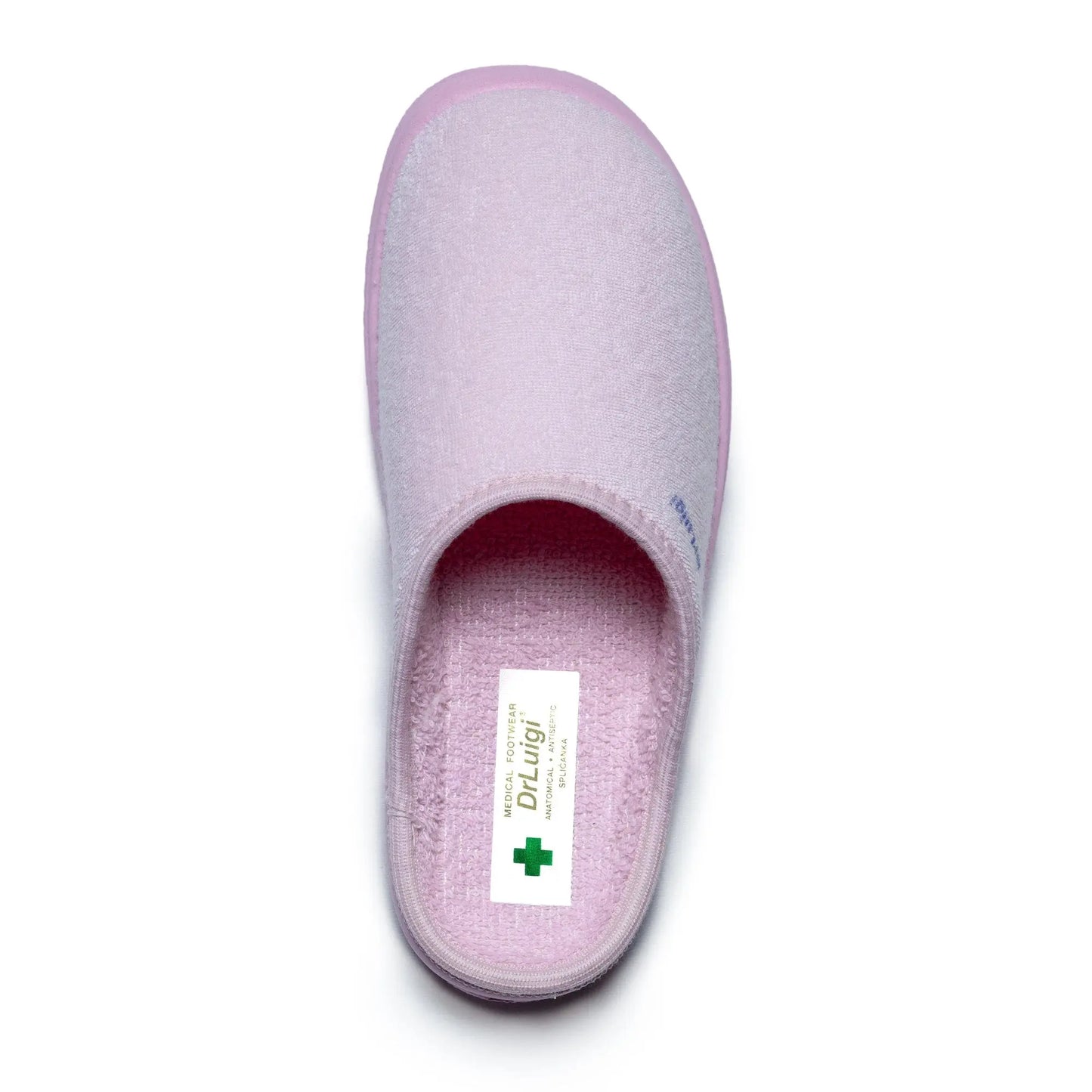 DrLuigi® pink cotton medical slippers, insole view with Medical Footwear label