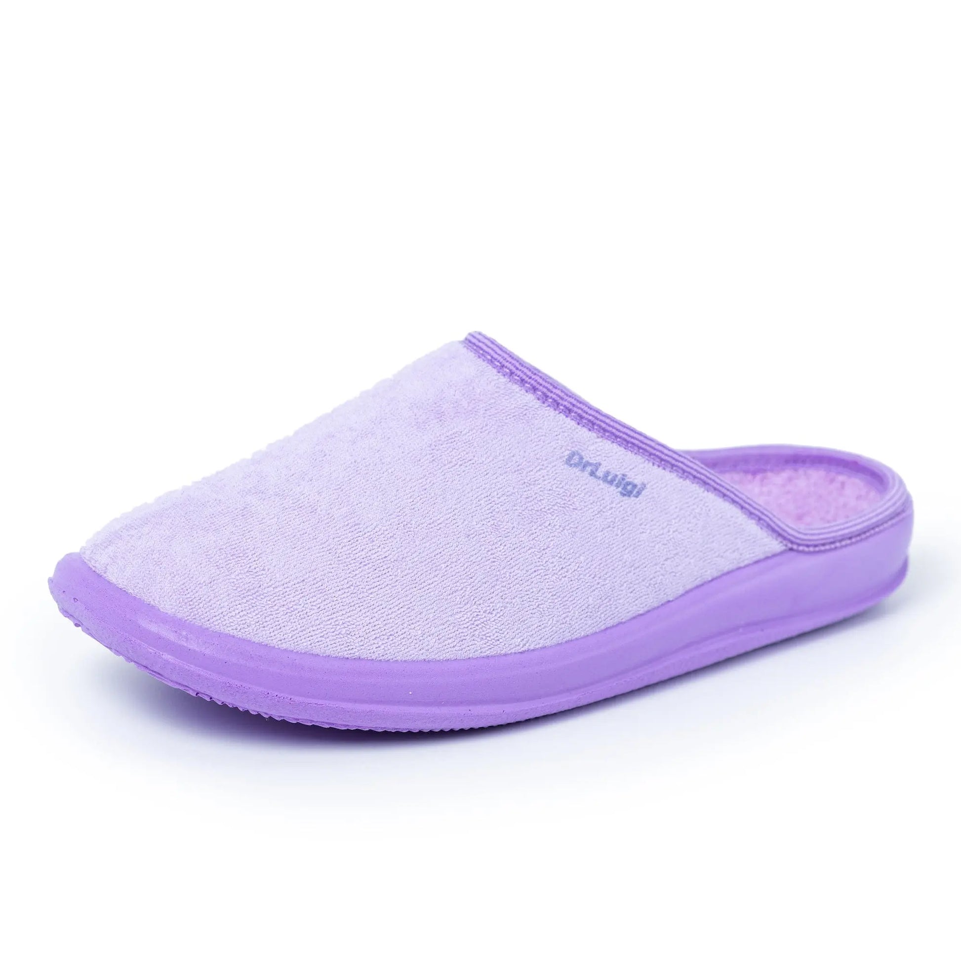 DrLuigi® violet cotton medical slippers, three-quarter angle view