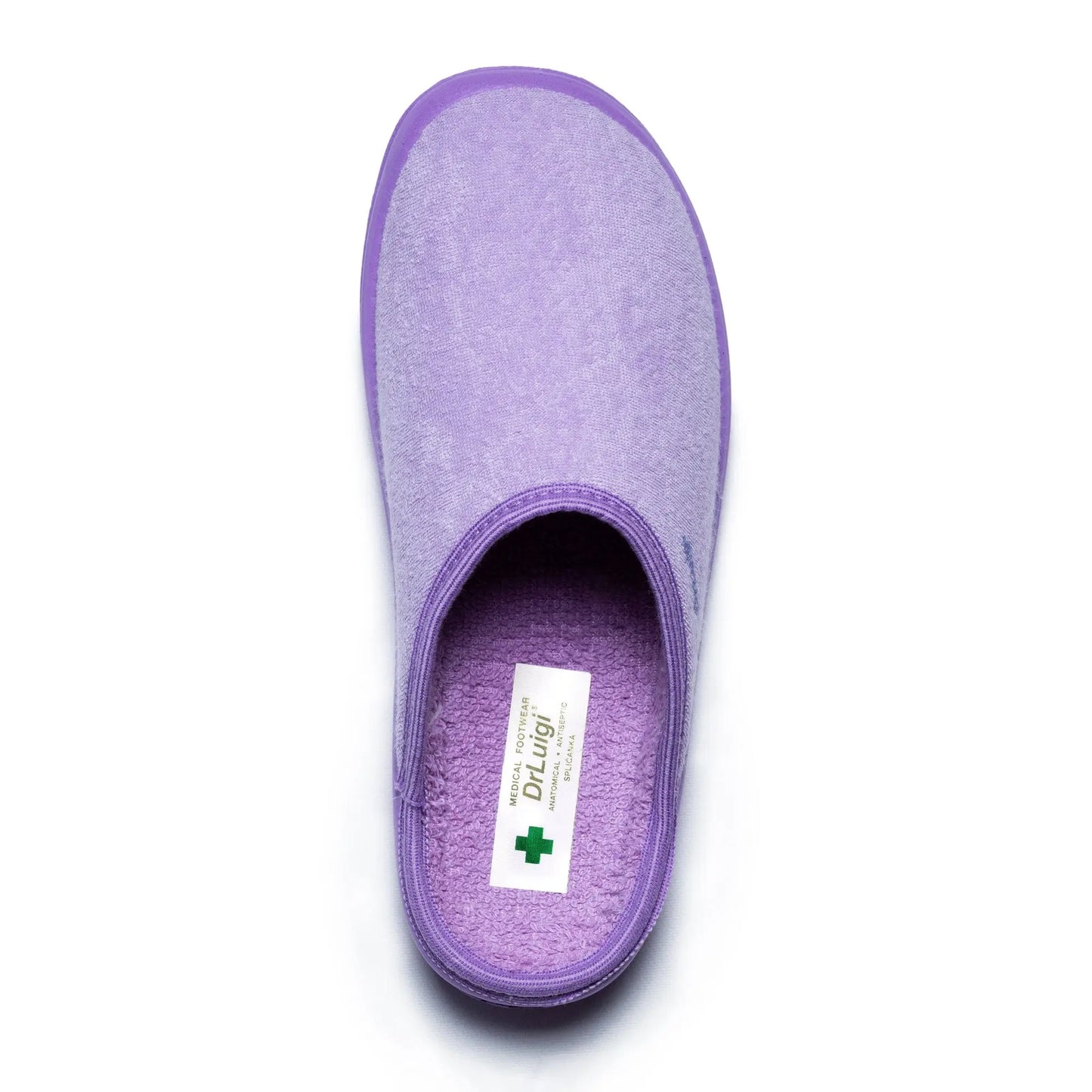 DrLuigi® violet cotton medical slippers, insole view with Medical Footwear label