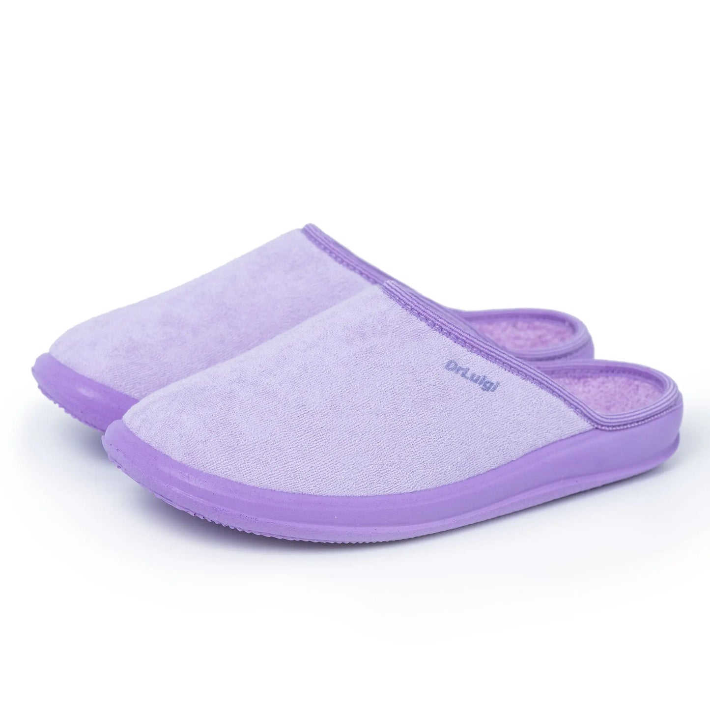 Pair of DrLuigi® violet cotton medical slippers for women, angled view
