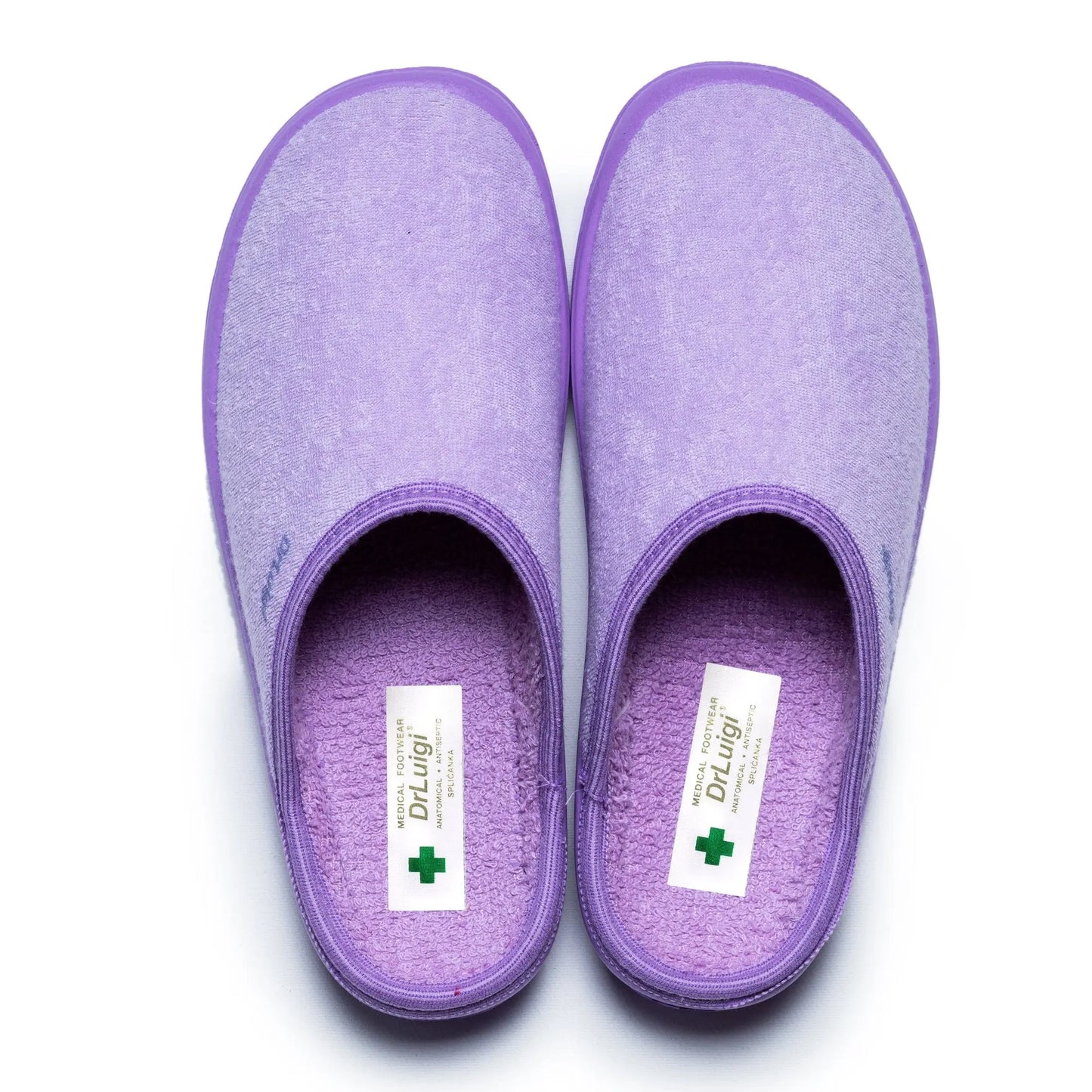 Pair of DrLuigi® violet cotton medical slippers, top view with Medical Footwear insole label