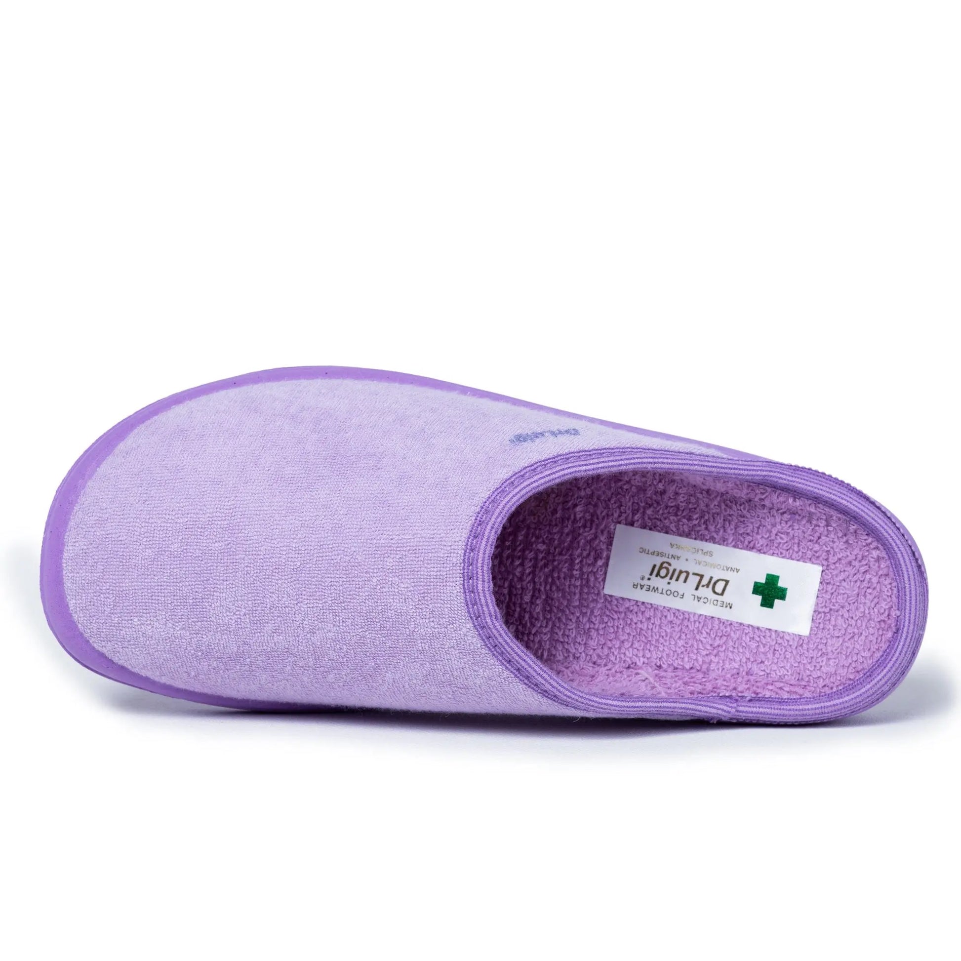 DrLuigi® violet cotton medical slippers, top view showing open-back design
