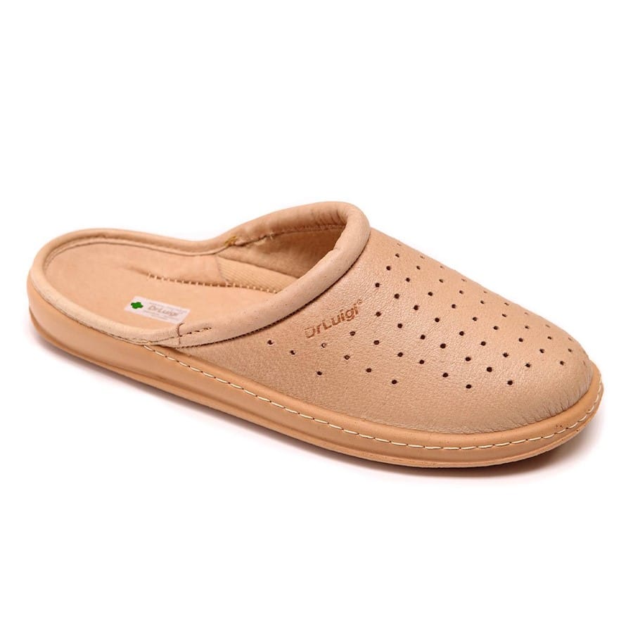 DrLuigi® beige leather orthopedic clogs for men, side product view with perforated design