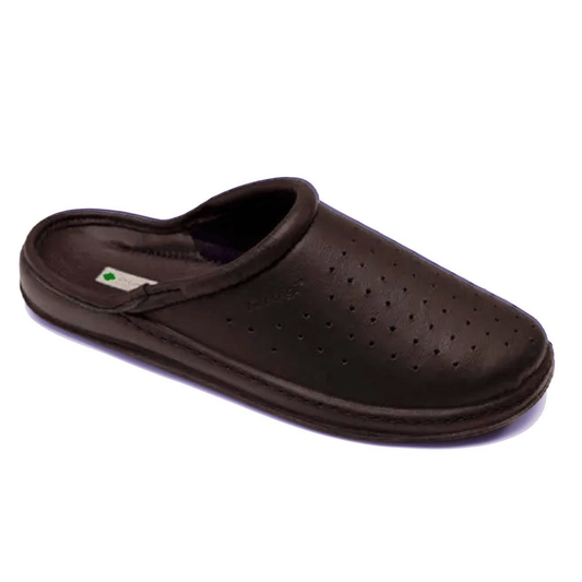 DrLuigi® brown leather orthopedic clogs for men, side product view with perforated design