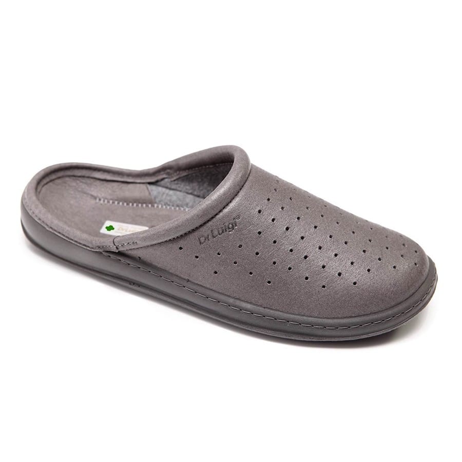 DrLuigi® grey leather orthopedic clogs for men, side product view with perforated design