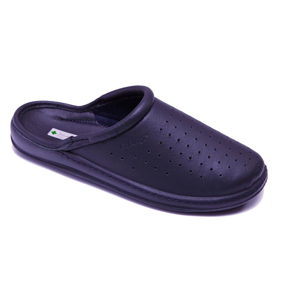 DrLuigi® navy blue leather orthopedic clogs for men, side product view with perforated design