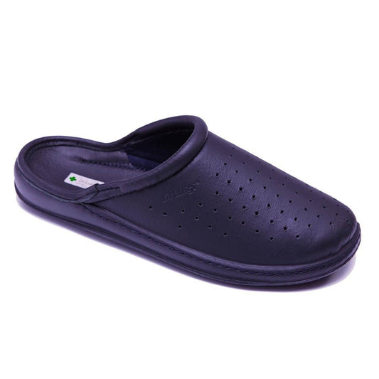 DrLuigi® navy blue leather orthopedic clogs for men, side product view with perforated design