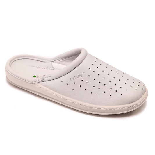 DrLuigi® white leather orthopedic clogs for men, side product view with perforated design