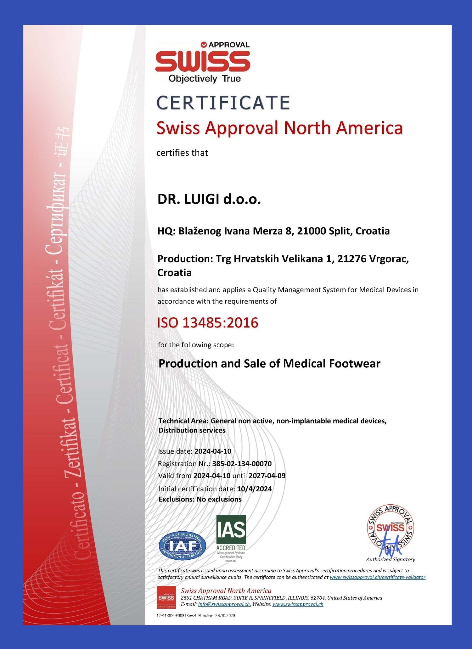 DR. LUIGI d.o.o. Swiss Approval certificate for ISO 13485:2016 medical device quality management
